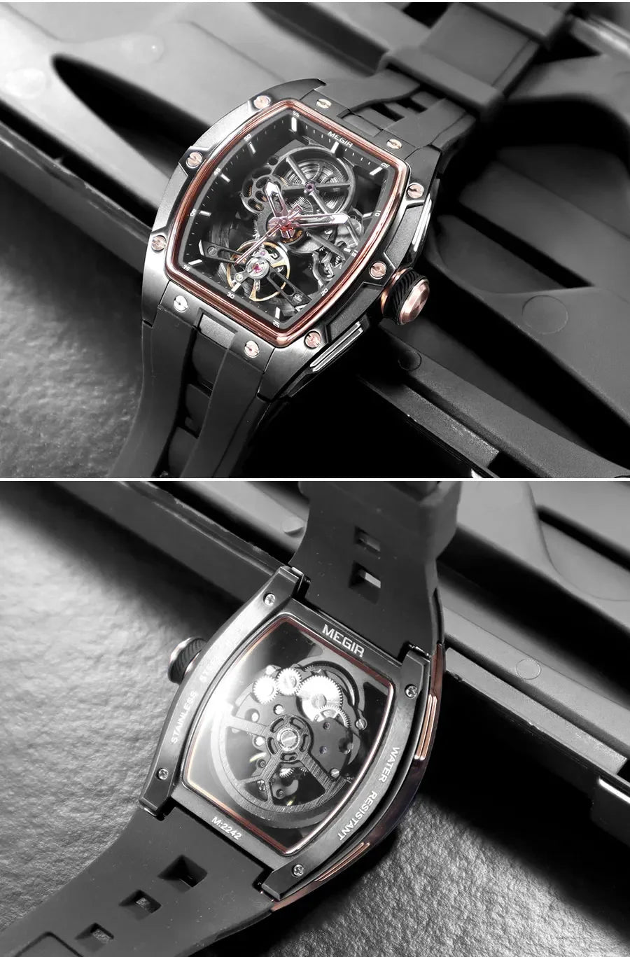 NEW Automatic Megir Mechanical Stainless Skeleton Dial Wristwatch