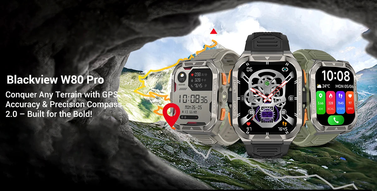 Blackview W80 Pro GPS Rugged Smartwatch – LED Flashlight, Bluetooth Calling