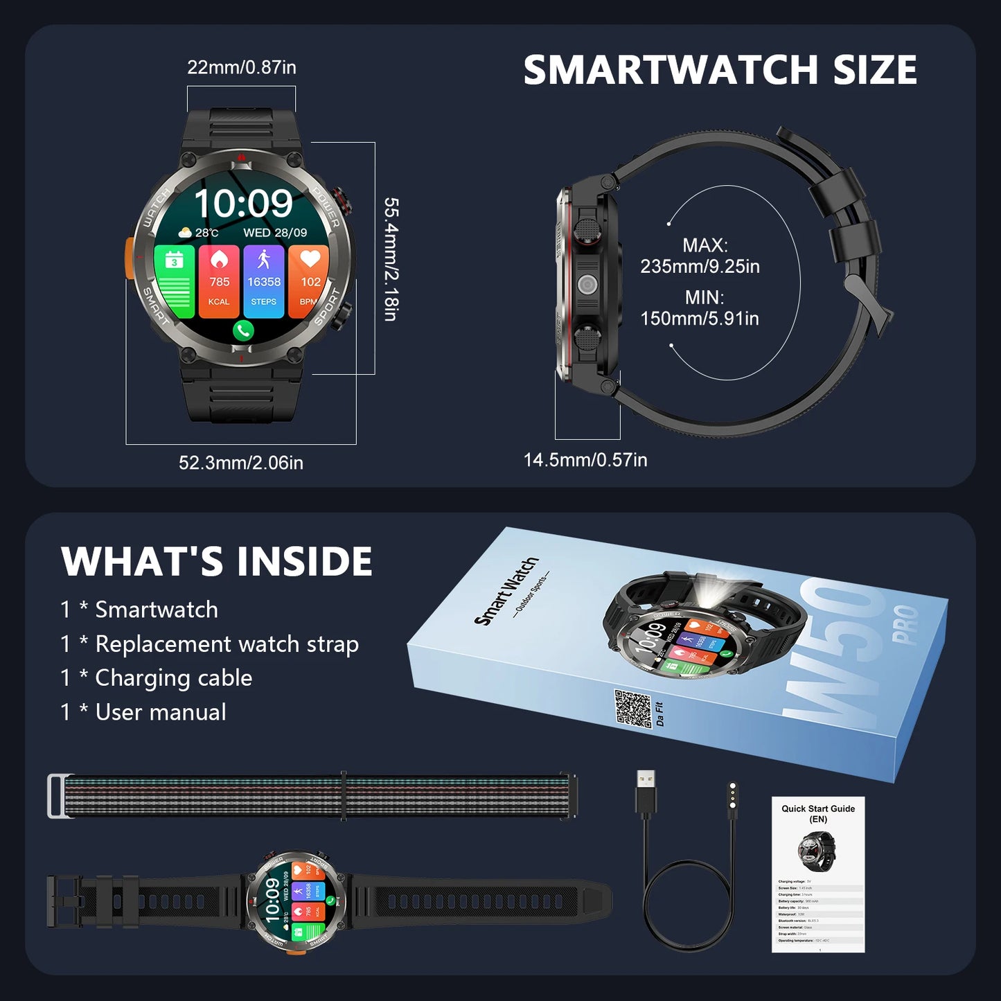 Blackview W50 Pro Rugged Smartwatch – LED Flashlight & Bluetooth Calling