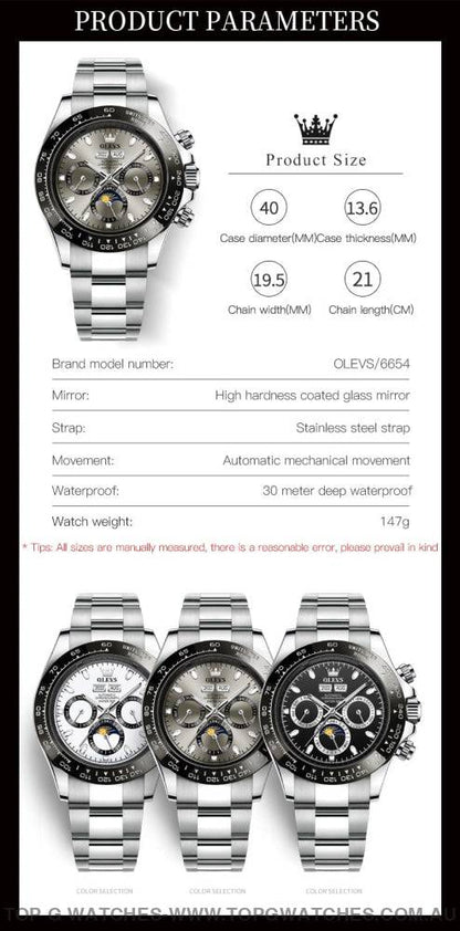 New OLEVS Automatic Mechanical Self Wind Luminous Chronograph Wristwatch - Top G Watches