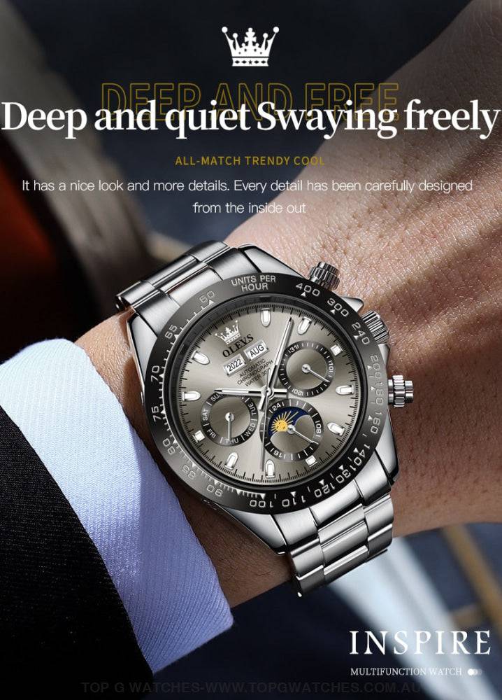 New OLEVS Automatic Mechanical Self Wind Luminous Chronograph Wristwatch - Top G Watches