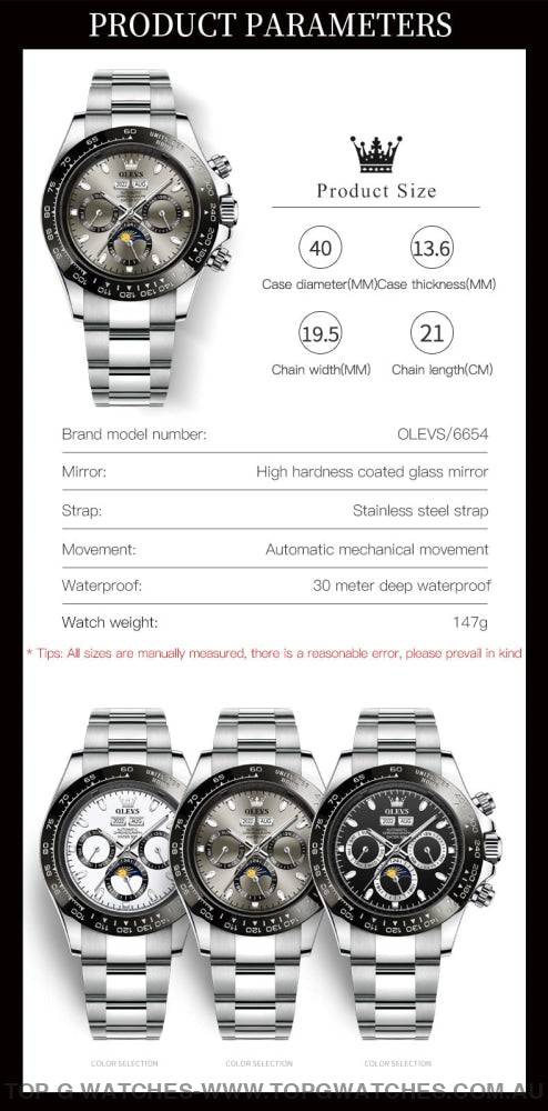 New OLEVS Automatic Mechanical Self Wind Luminous Chronograph Wristwatch - Top G Watches