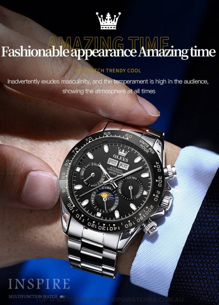 New OLEVS Automatic Mechanical Self Wind Luminous Chronograph Wristwatch - Top G Watches