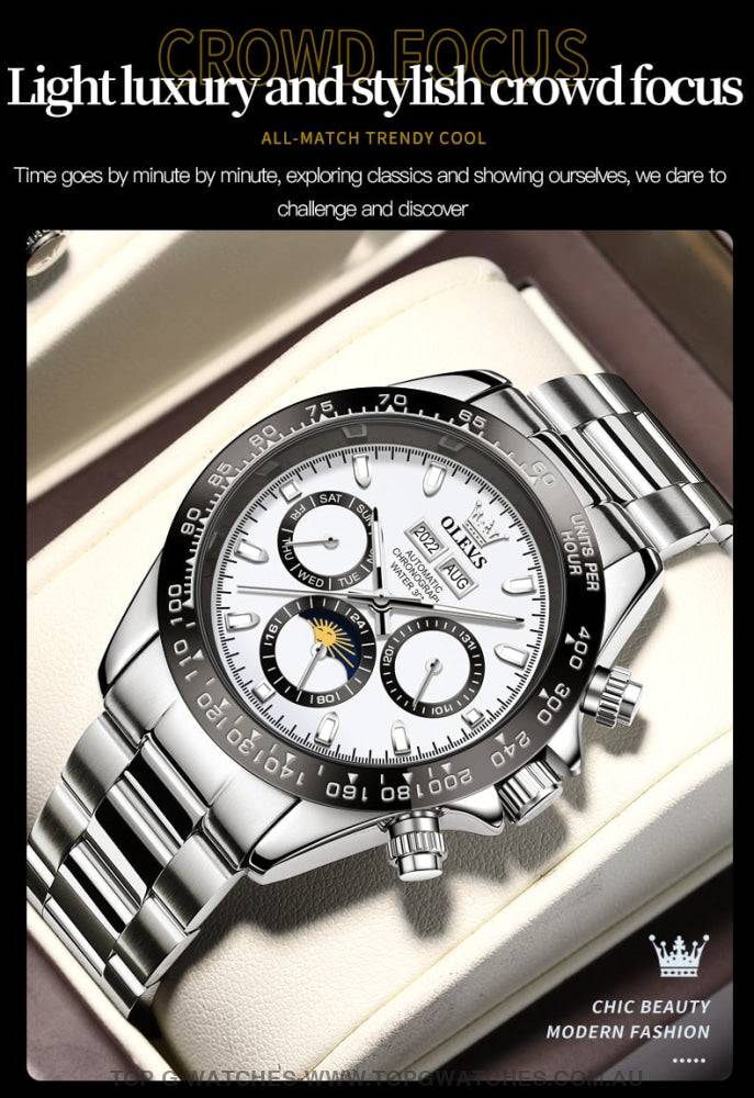 New OLEVS Automatic Mechanical Self Wind Luminous Chronograph Wristwatch - Top G Watches