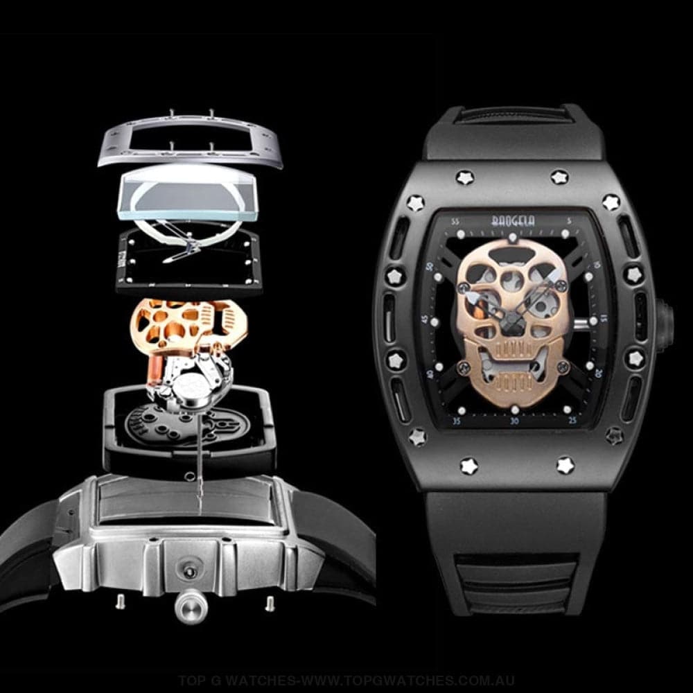 Infamous Baogela Tonneau Skull Style Luminous Quartz Skeleton Waterproof 3ATM Wristwatch - Top G Watches