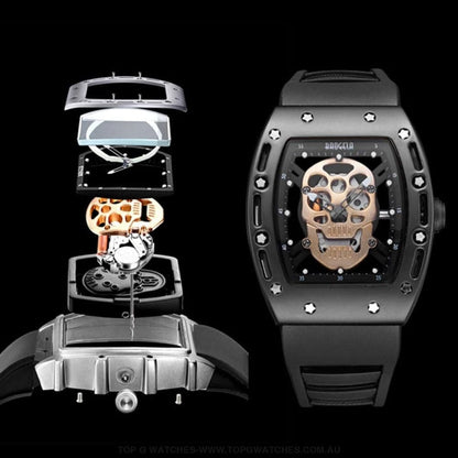 Infamous Baogela Tonneau Skull Style Luminous Quartz Skeleton Waterproof 3ATM Wristwatch - Top G Watches