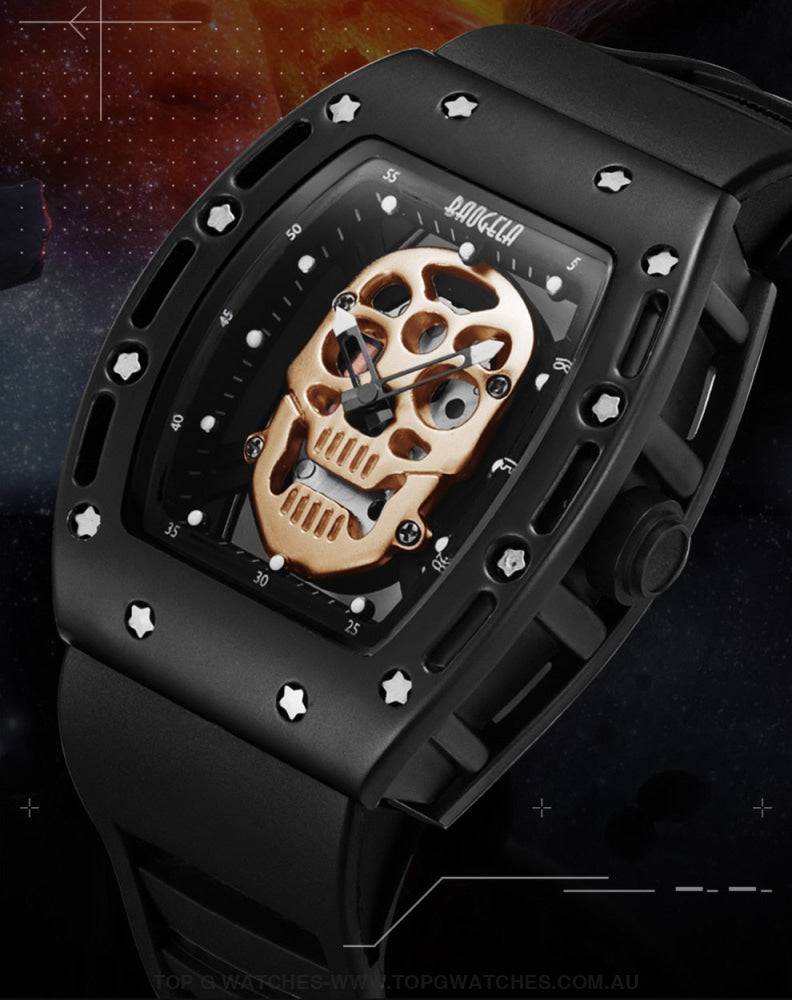 Infamous Baogela Tonneau Skull Style Luminous Quartz Skeleton Waterproof 3ATM Wristwatch - Top G Watches