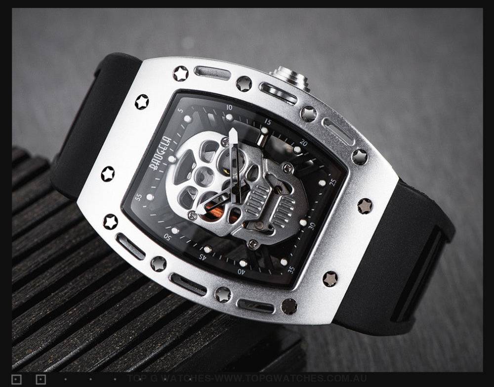 Infamous Baogela Tonneau Skull Style Luminous Quartz Skeleton Waterproof 3ATM Wristwatch - Top G Watches