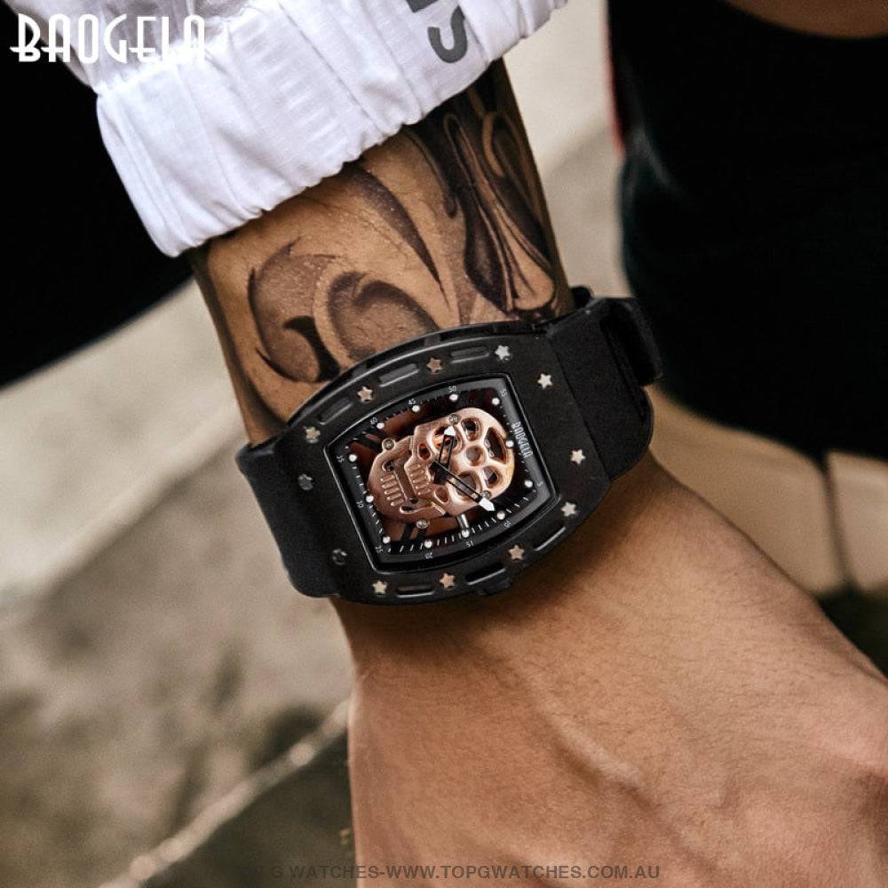 Infamous Baogela Tonneau Skull Style Luminous Quartz Skeleton Waterproof 3ATM Wristwatch - Top G Watches