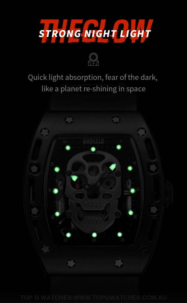 Infamous Baogela Tonneau Skull Style Luminous Quartz Skeleton Waterproof 3ATM Wristwatch - Top G Watches