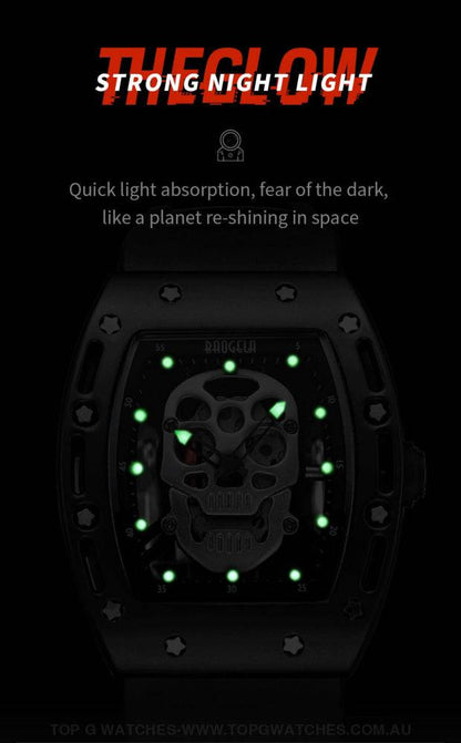 Infamous Baogela Tonneau Skull Style Luminous Quartz Skeleton Waterproof 3ATM Wristwatch - Top G Watches