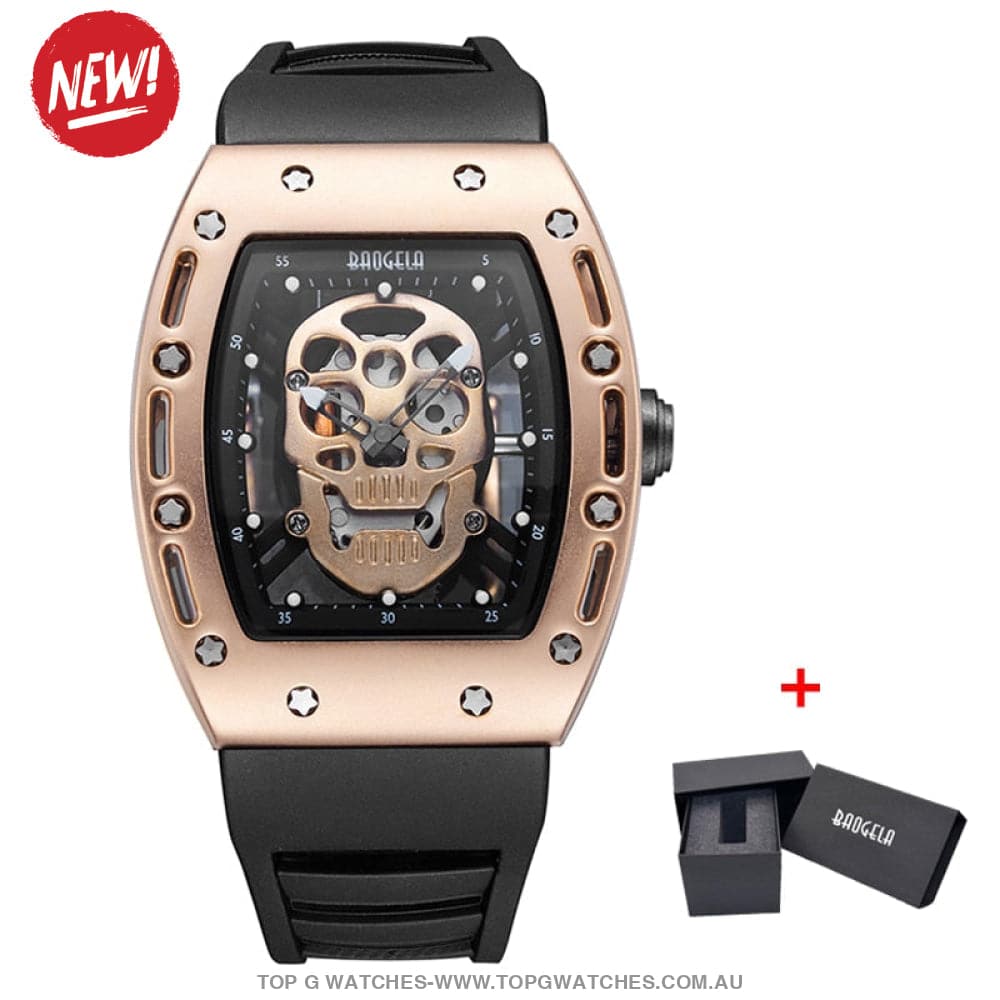 Infamous Baogela Tonneau Skull Style Luminous Quartz Skeleton Waterproof 3ATM Wristwatch - Top G Watches