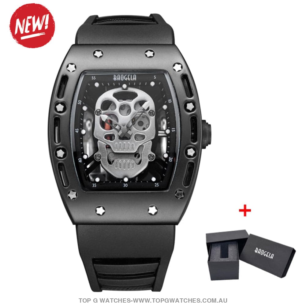 Infamous Baogela Tonneau Skull Style Luminous Quartz Skeleton Waterproof 3ATM Wristwatch - Top G Watches