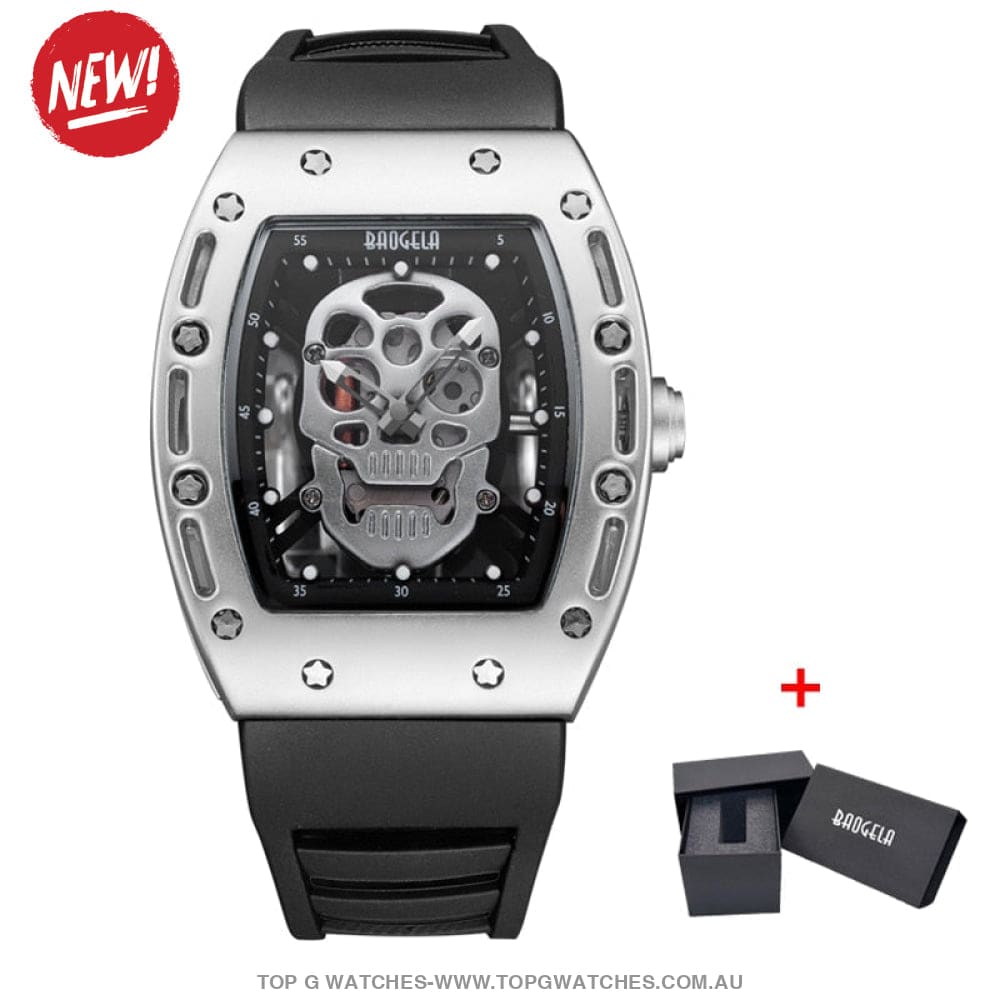 Infamous Baogela Tonneau Skull Style Luminous Quartz Skeleton Waterproof 3ATM Wristwatch - Top G Watches