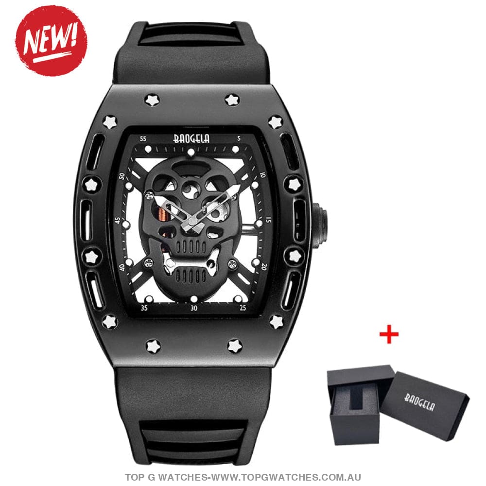 Infamous Baogela Tonneau Skull Style Luminous Quartz Skeleton Waterproof 3ATM Wristwatch - Top G Watches
