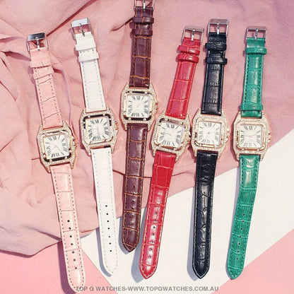 Beautiful Diamond Fashion Square Dial Quartz Ladies' Leather Wristwatch & Bracelet Combo - Top G Watches