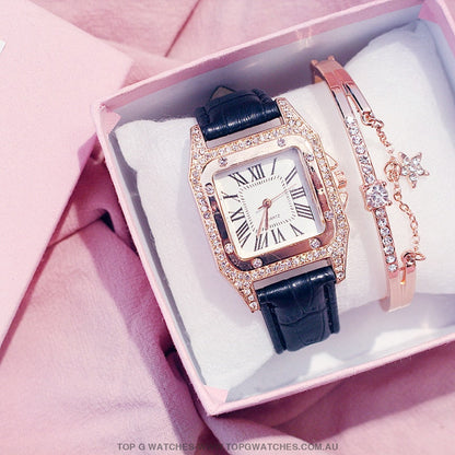 Beautiful Diamond Fashion Square Dial Quartz Ladie's Leather Wristwatch &  Bracelet Combo - Top G Watches