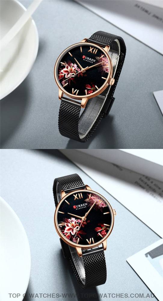 Flower Rose Curren Elegant Gold Waterproof Mesh Bracelet Ladies' Wristwatch - Top G Watches
