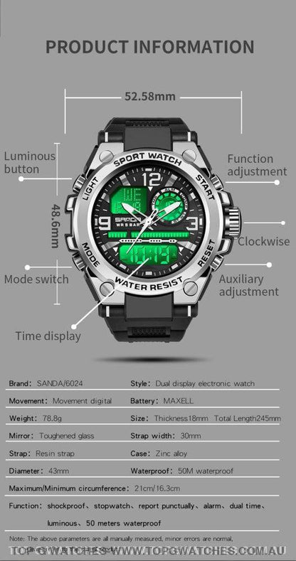 G-Sports Military Concept Sanda 5ATM Waterproof Sport Military Dual Digital Quartz Watch - Top G Watches