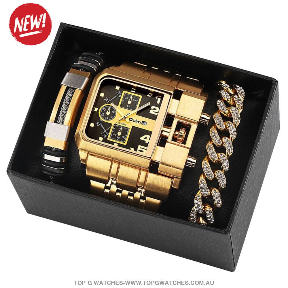 Luxury Gold Unique Wristwatch Calendar Big Dial Quartz Wristwatch Bracelet Combo Gift Set - Top G Watches