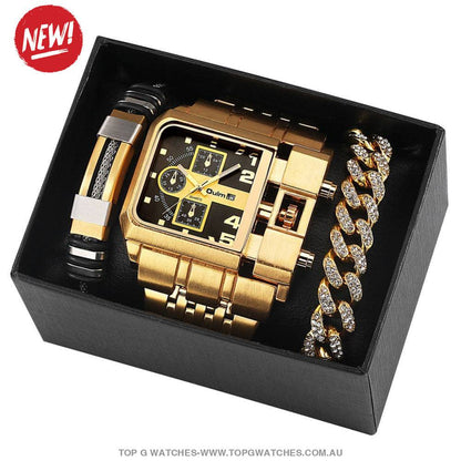 Luxury Gold Unique Wristwatch Calendar Big Dial Quartz Wristwatch Bracelet Combo Gift Set - Top G Watches