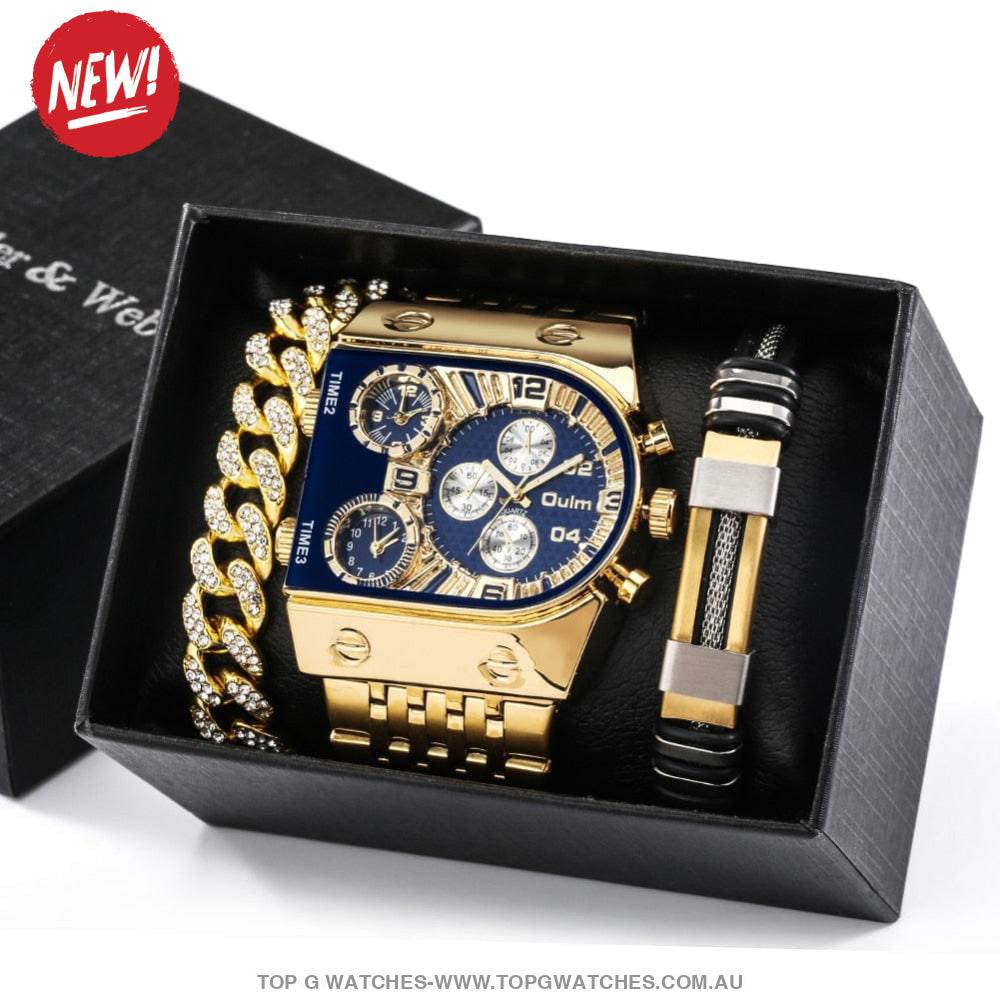 Luxury Gold Unique Wristwatch Calendar Big Dial Quartz Wristwatch Bracelet Combo Gift Set - Top G Watches