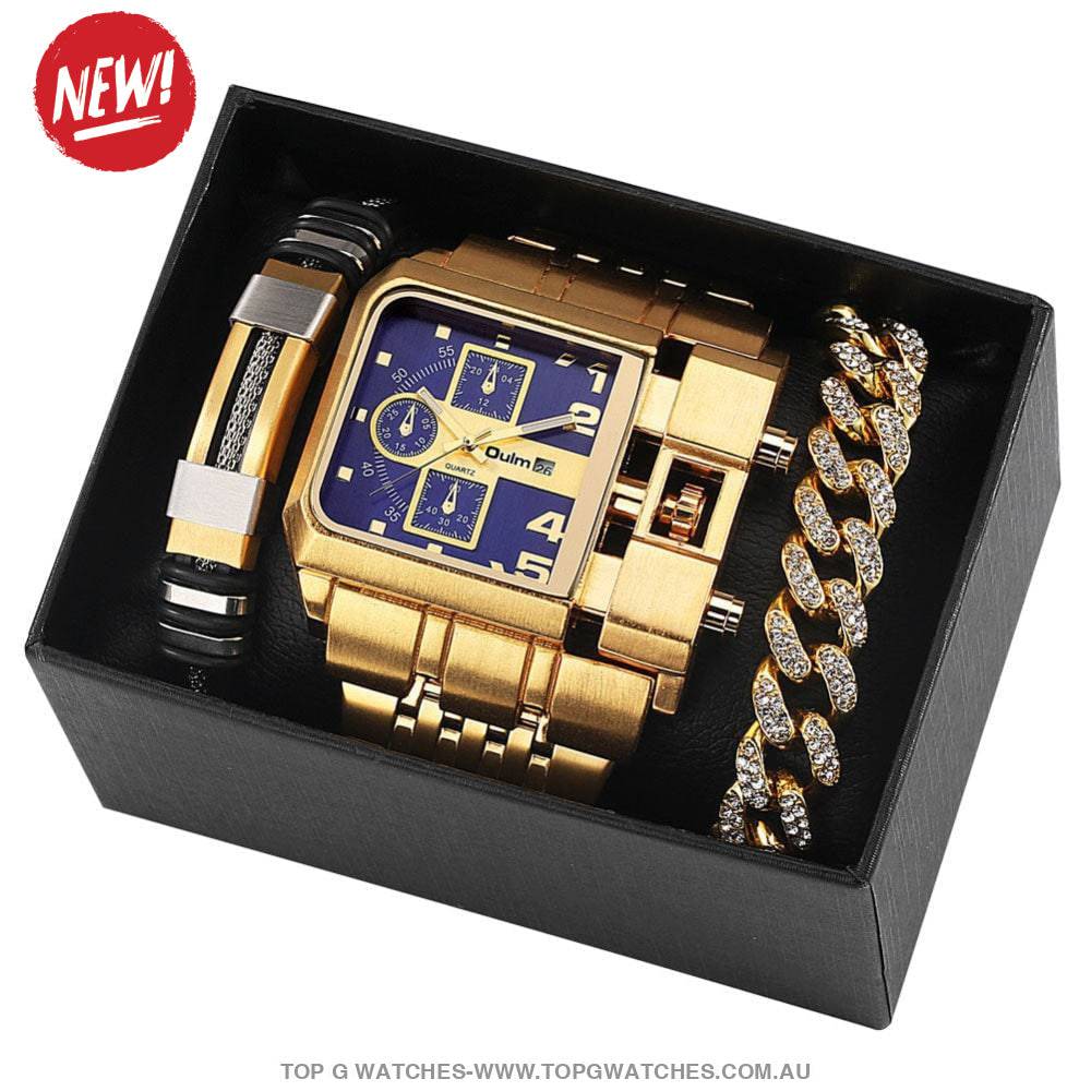 Luxury Gold Unique Wristwatch Calendar Big Dial Quartz Wristwatch Bracelet Combo Gift Set - Top G Watches
