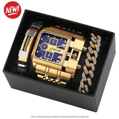 Luxury Gold Unique Wristwatch Calendar Big Dial Quartz Wristwatch Bracelet Combo Gift Set - Top G Watches