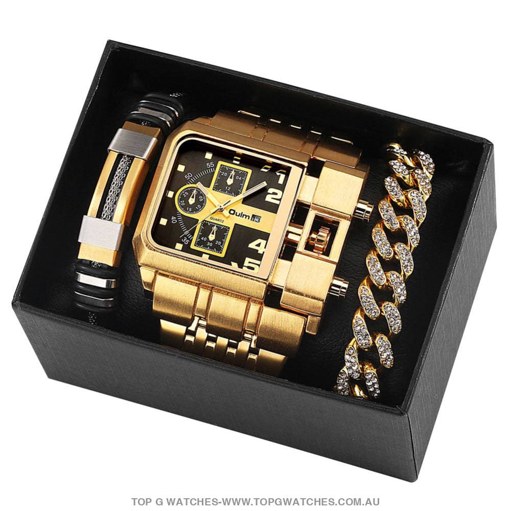 Luxury Gold Unique Wristwatch Calendar Big Dial Quartz Wristwatch Bracelet Combo Gift Set - Top G Watches