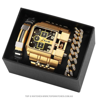 Luxury Gold Unique Wristwatch Calendar Big Dial Quartz Wristwatch Bracelet Combo Gift Set - Top G Watches