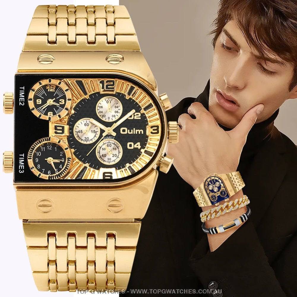 Luxury Gold Unique Wristwatch Calendar Big Dial Quartz Wristwatch Bracelet Combo Gift Set - Top G Watches