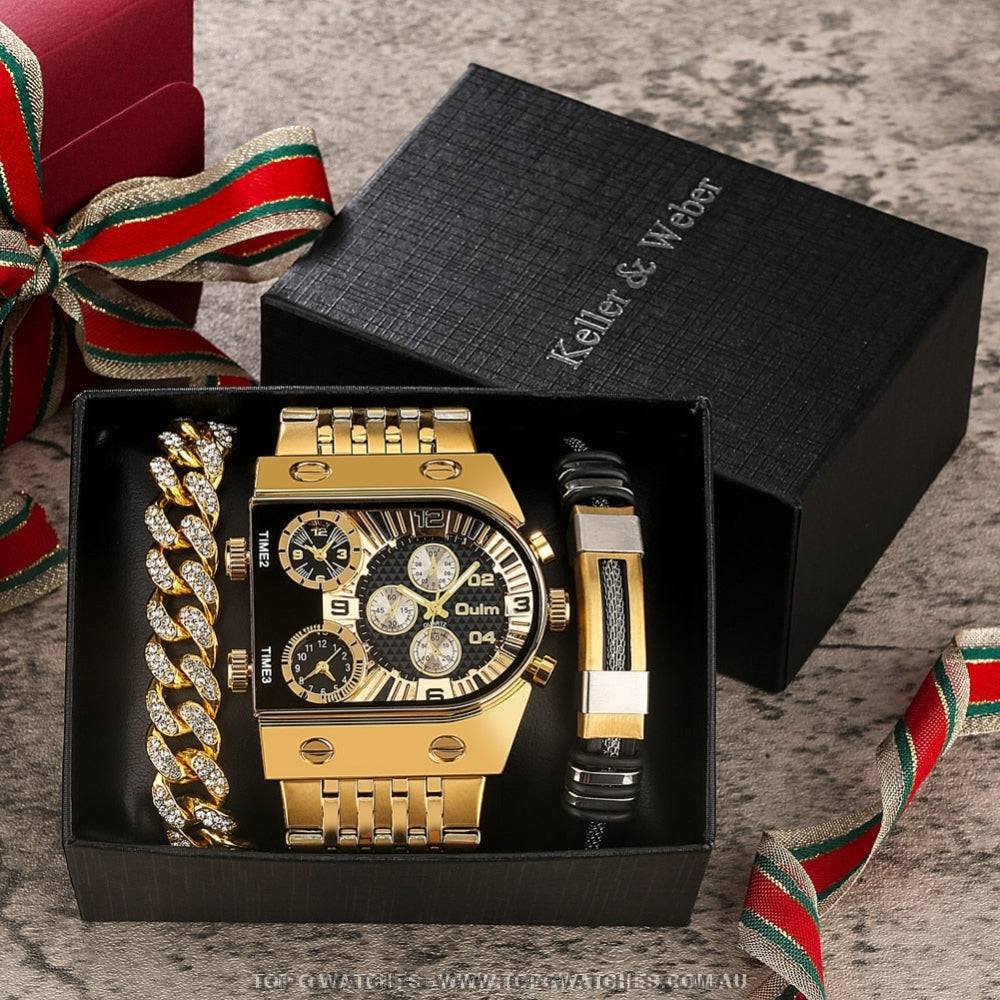 Luxury Gold Unique Wristwatch Calendar Big Dial Quartz Wristwatch Bracelet Combo Gift Set - Top G Watches