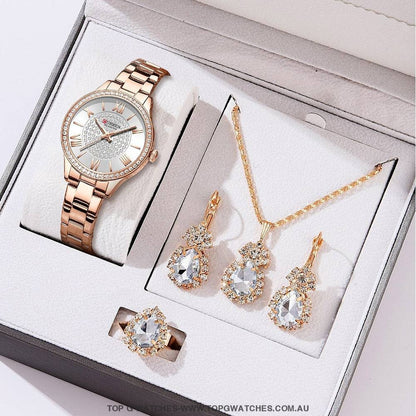 Ladies' CURREN Diamond Finish Luxury 5pc Jewellery Set - 9084 Luxury Ring Earrings Necklace Watch Mega Combo. - Top G Watches