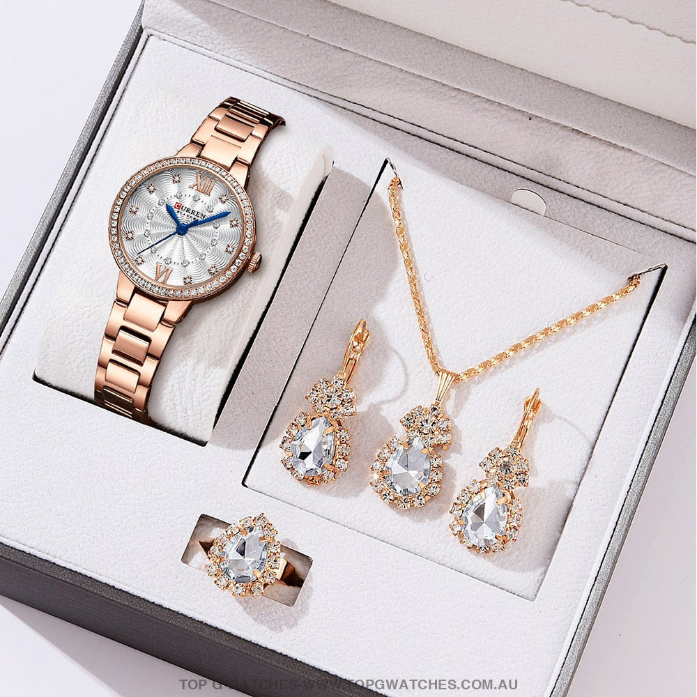 Ladies Curren Diamond Finish Luxury 5Pc Jewellery Set - 9084 Ring Earrings Necklace Watch Mega