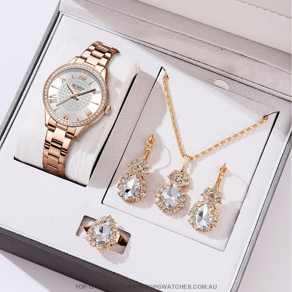 Ladies Curren Diamond Finish Luxury 5Pc Jewellery Set - 9085 Ring Earrings Necklace Watch Mega