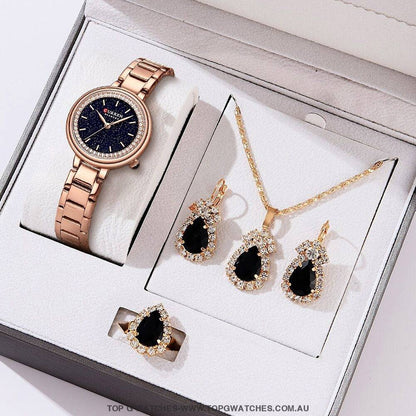 Ladies' CURREN Diamond Finish Luxury 5pc Jewellery Set - 9085 Luxury Ring Earrings Necklace Watch Mega Combo. - Top G Watches