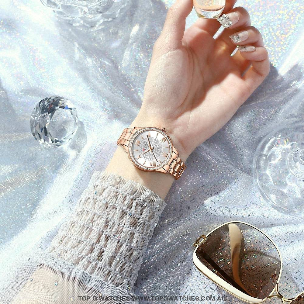 Ladies' CURREN Diamond Finish Luxury 5pc Jewellery Set - 9088 Luxury Ring Earrings Necklace Watch Mega Combo. - Top G Watches