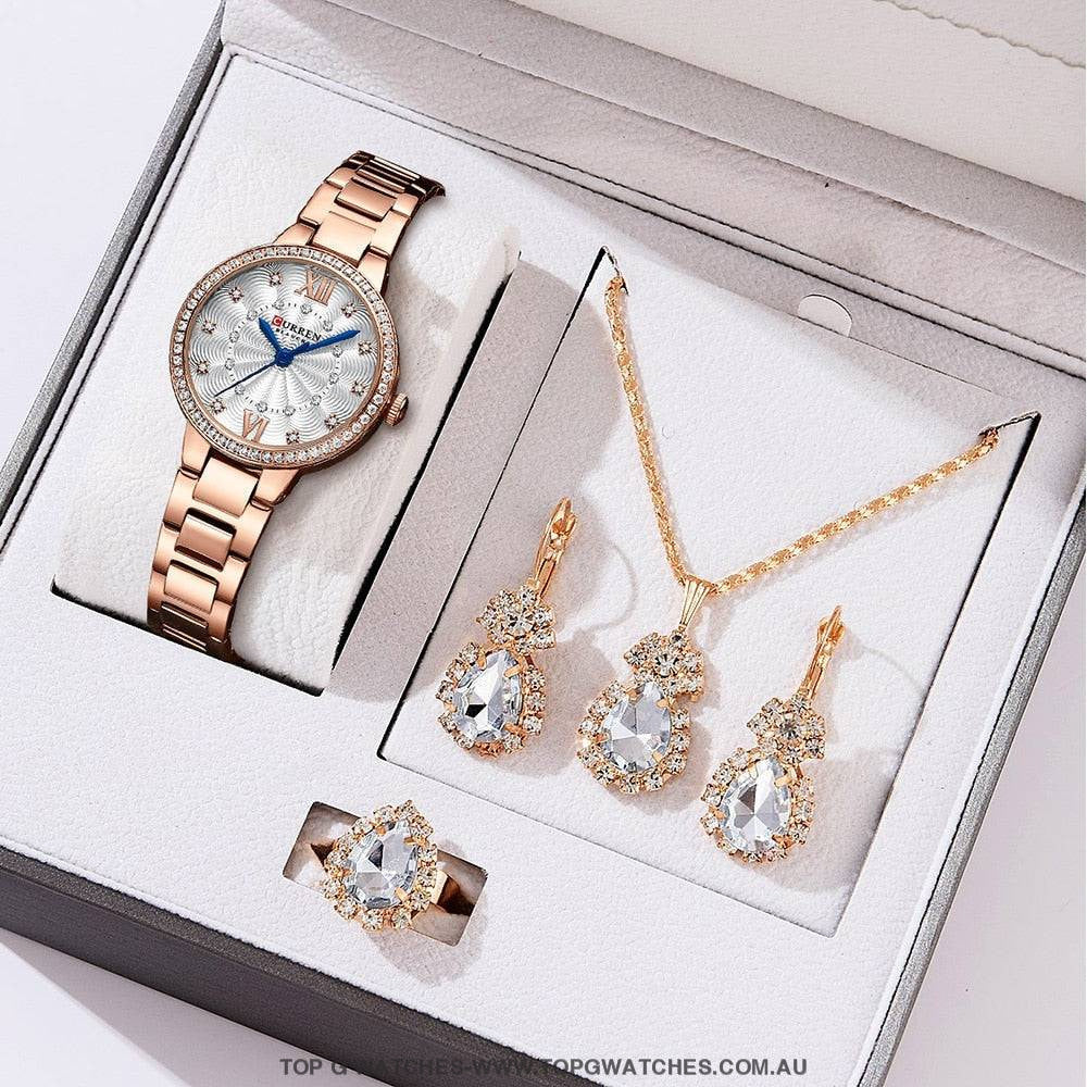 Ladies' CURREN Diamond Finish Luxury 5pc Jewellery Set - Series 9086 Luxury Ring Earrings Necklace Watch Mega Combo. - Top G Watches