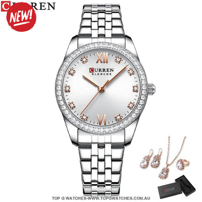 Ladies' CURREN Diamond Finish Luxury 5pc Jewellery Set - Series 9086 Luxury Ring Earrings Necklace Watch Mega Combo. - Top G Watches