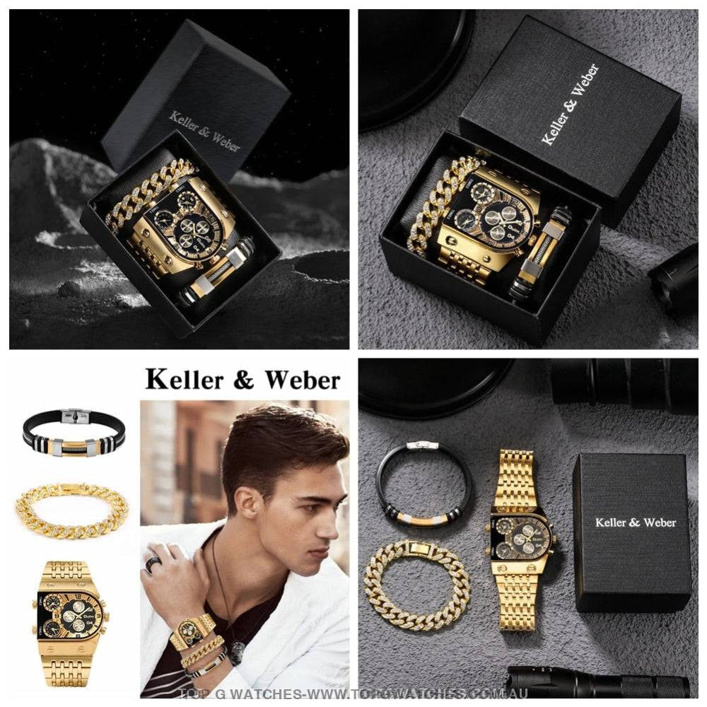 Luxury Gold Unique Wristwatch Calendar Big Dial Quartz Wristwatch Bracelet Combo Gift Set - Top G Watches