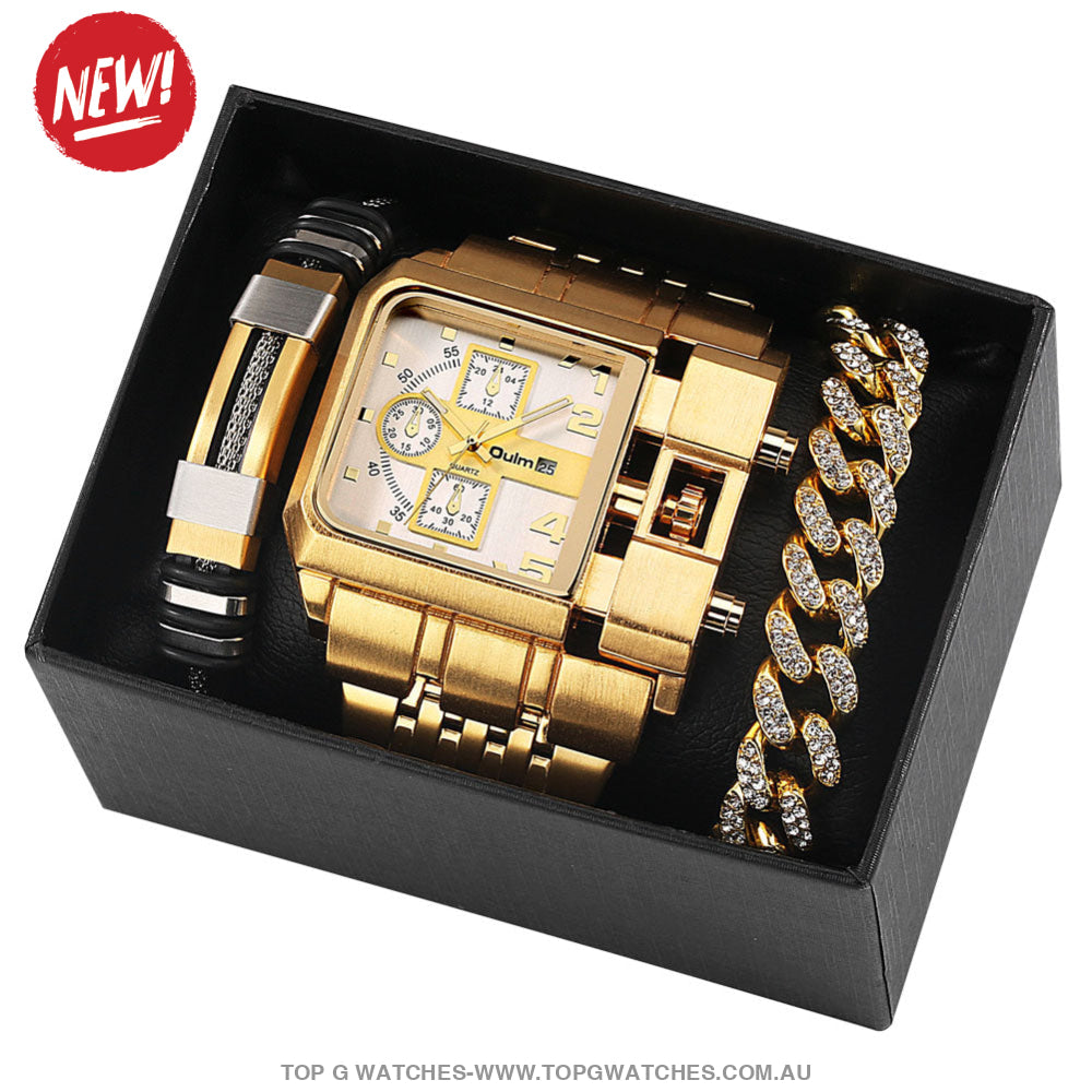 Luxury Gold Unique Wristwatch Calendar Big Dial Quartz Wristwatch Bracelet Combo Gift Set - Top G Watches