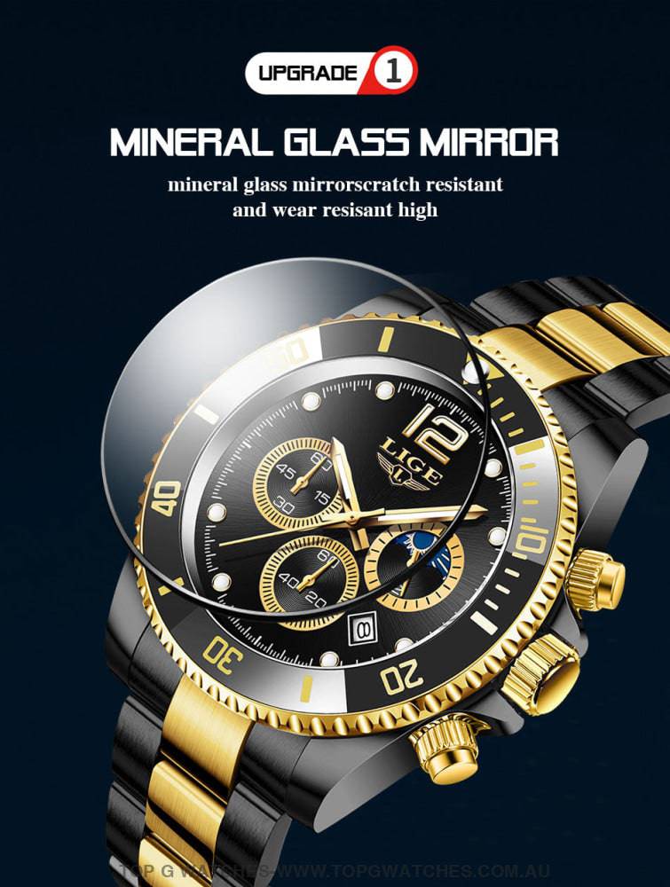 Luxury Lige' 24Hour Moon Phase Sport Waterproof Quartz Chronograph Business Wrist Watch - Top G Watches