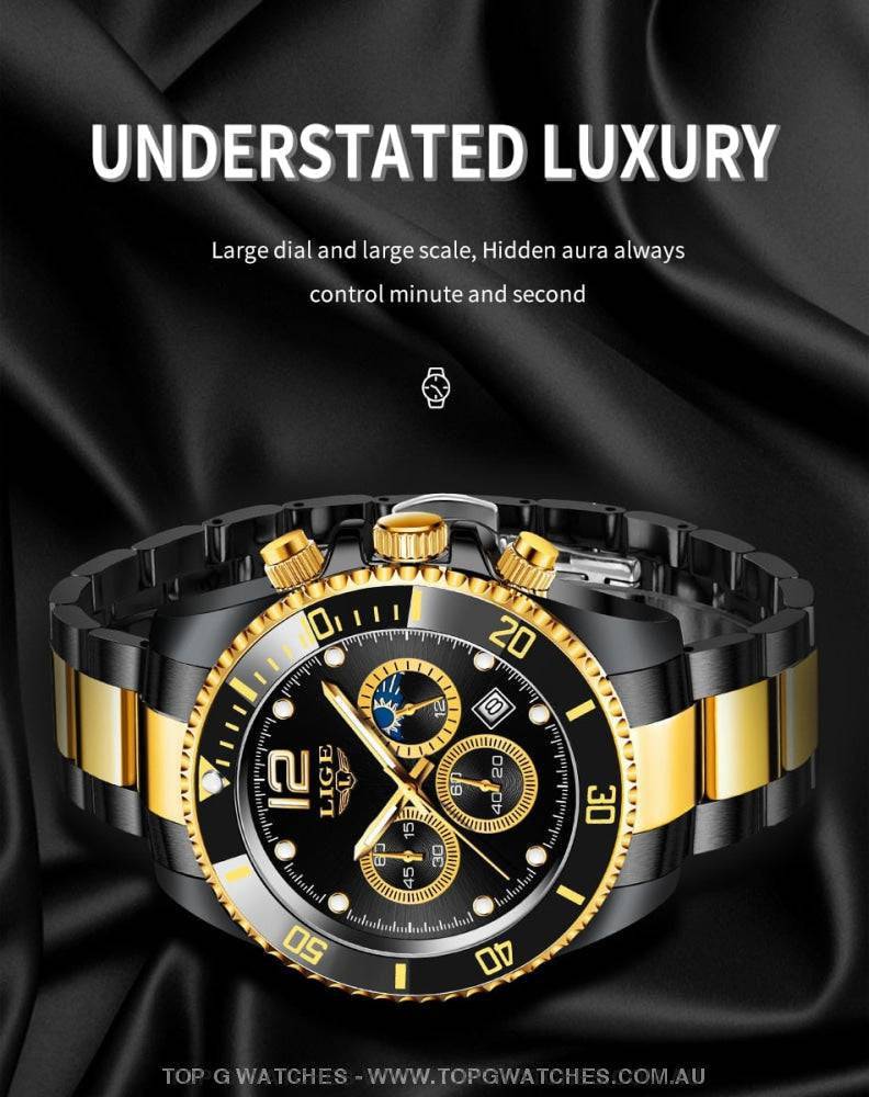 Luxury Lige' 24Hour Moon Phase Sport Waterproof Quartz Chronograph Business Wrist Watch - Top G Watches