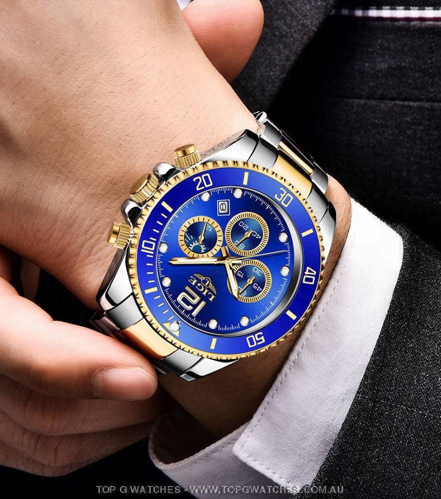 Luxury Lige' 24Hour Moon Phase Sport Waterproof Quartz Chronograph Business Wrist Watch - Top G Watches