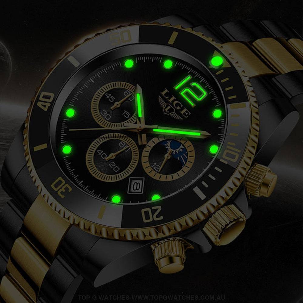 Luxury Lige' 24Hour Moon Phase Sport Waterproof Quartz Chronograph Business Wrist Watch - Top G Watches