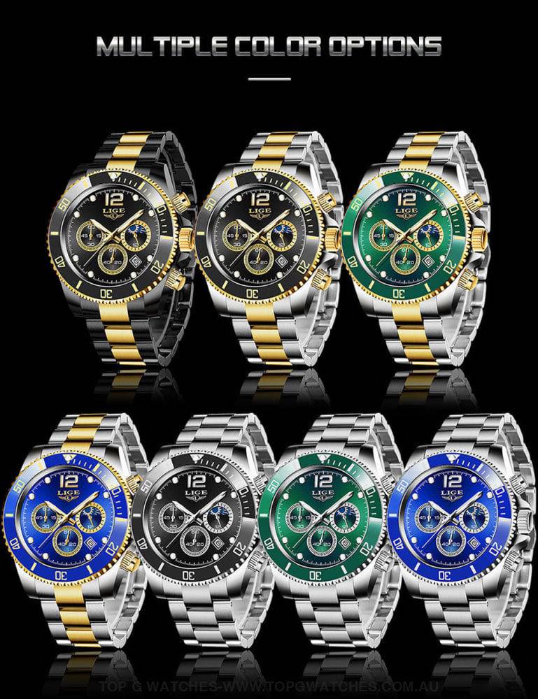 Luxury Lige' 24Hour Moon Phase Sport Waterproof Quartz Chronograph Business Wrist Watch - Top G Watches