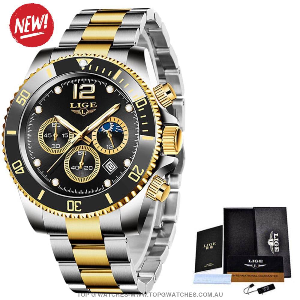 Luxury Lige' 24Hour Moon Phase Sport Waterproof Quartz Chronograph Business Wrist Watch - Top G Watches