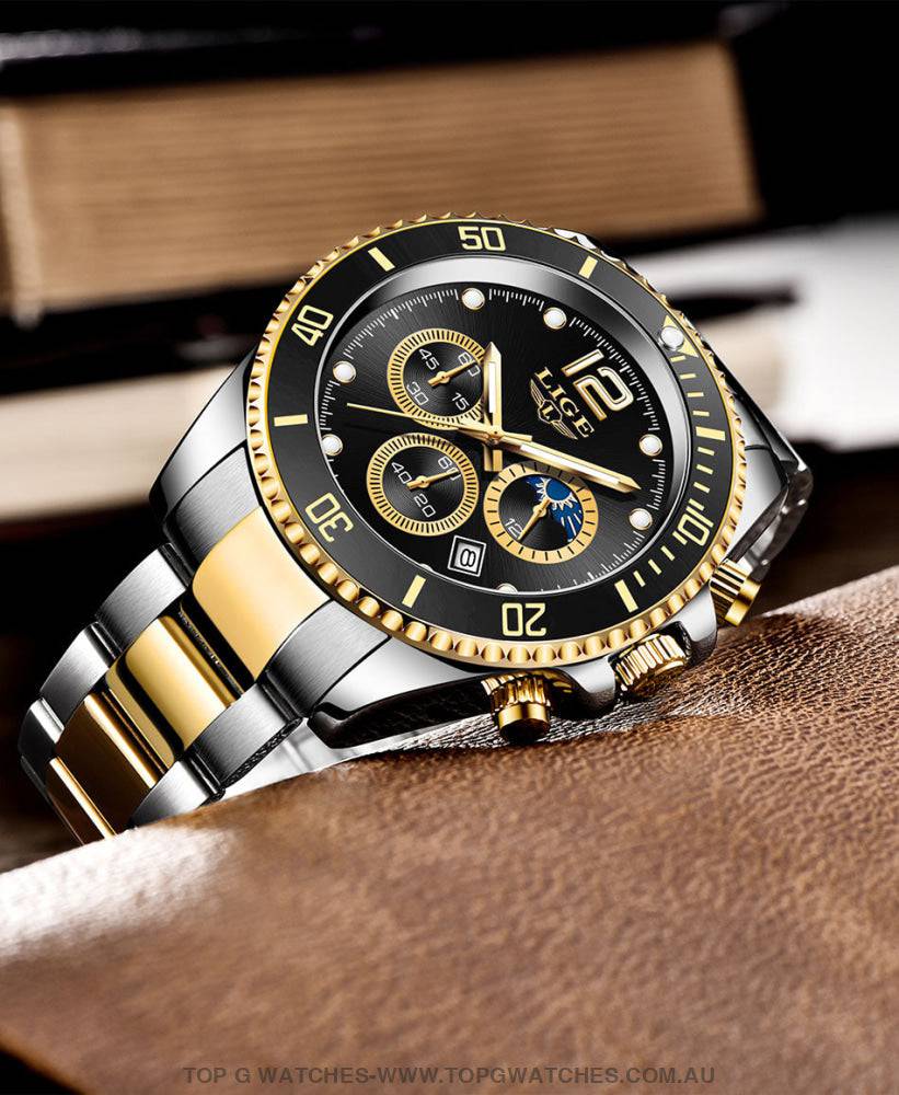 Luxury Lige' 24Hour Moon Phase Sport Waterproof Quartz Chronograph Business Wrist Watch - Top G Watches