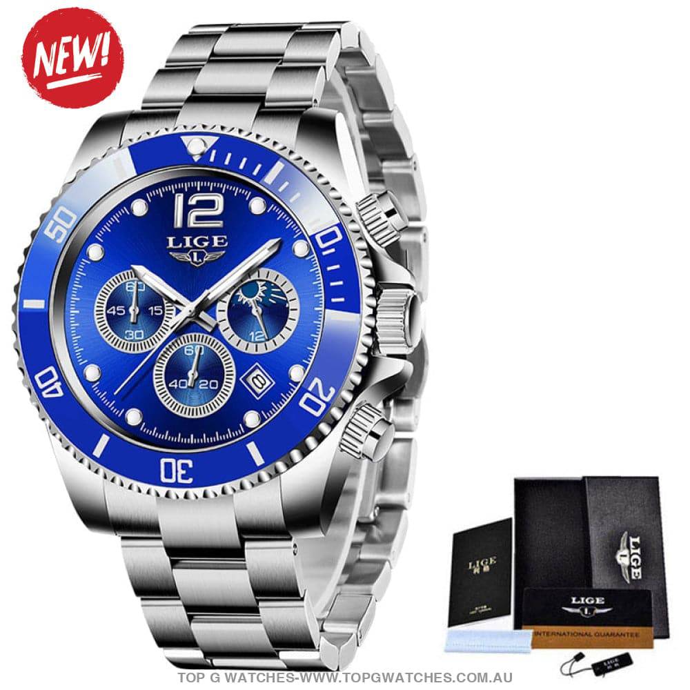 Luxury Lige' 24Hour Moon Phase Sport Waterproof Quartz Chronograph Business Wrist Watch - Top G Watches