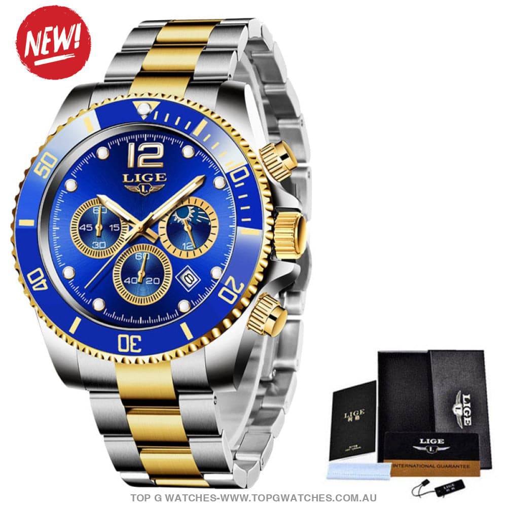 Luxury Lige' 24Hour Moon Phase Sport Waterproof Quartz Chronograph Business Wrist Watch - Top G Watches
